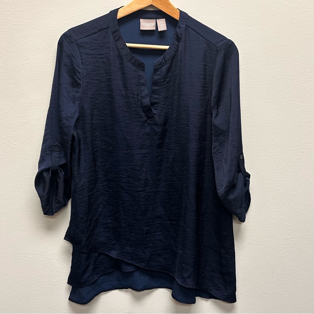 Chico's Deep Blue Blouse Top Rusched Womens size Small Light Business Casual